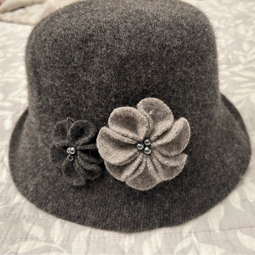 Indigo Soul Dark Gray Wool Hat with Floral Details
